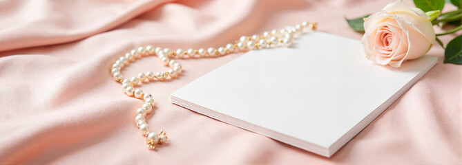 Fototapeta premium Folded paper mockup with rose and pearls on soft pink fabric