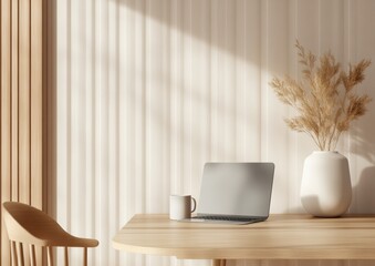 Scandinavian Minimalist Home Office Light Oak Desk and Chair, Laptop and Mug Setup for Hybrid Work - Elevate Remote Productivity in Modern Workspace Design