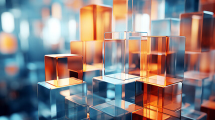 Abstract background of reflective neon purple, blue and orange glass cubes with copy space