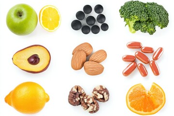 Boosting health with antioxidant vitamins and nutrient-rich foods on a clean white background