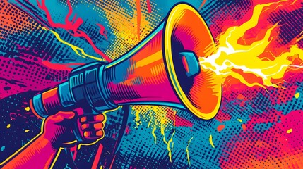 A vibrant hand holding a powerful megaphone broadcasting