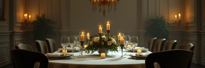 Candlelit dinner table with a centerpiece, peaceful ambiance, intimate setting