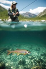 A skilled angler focuses intently while reeling in a vibrant rainbow trout from a pristine stream surrounded by lush green landscapes under a bright sky