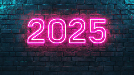 Fototapeta premium 2025 Neon Sign on Brick Wall New Year Future Celebration Party