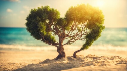 A love tree on a sandy beach. The tree is cut in the shape of a heart. In the background there is a calm sea and a sandy beach. A background for the summer Christmas holidays with a place to copy.