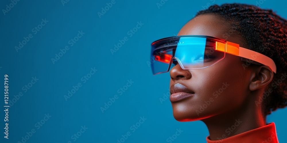 Poster Futuristic Cybersecurity Visualization African American Executive in AR Glasses with Dynamic Metrics Display - Business Innovation and Digital Collaboration Tools