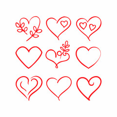 Set of nine red heart icons with decorative elements.