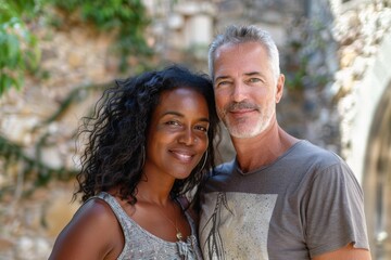 Fototapeta premium Portrait of a content multicultural couple in their 40s dressed in a casual t-shirt on historic castle backdrop