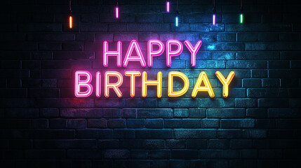 Obraz premium Happy Birthday Neon Sign on Brick Wall Festive Celebration Background
