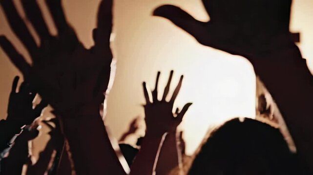 hands of a crowd of people at a Christian meeting during the glorification praise of God against the background of the cross