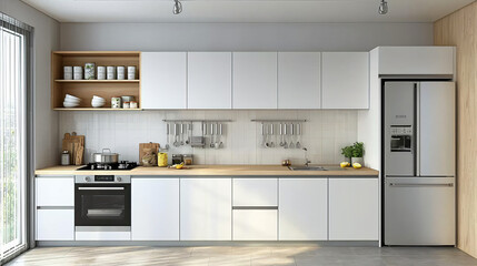 Fototapeta premium Minimalist kitchen design in white and natural wood tones, with a streamlined counter and fully equipped layout, exuding modern beauty and a tranquil vibe. 