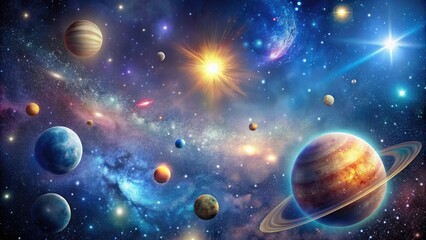 Celestial Galaxy Background with Sparkling Stars and Planets, universe, astronomy, celestial, deep space, space