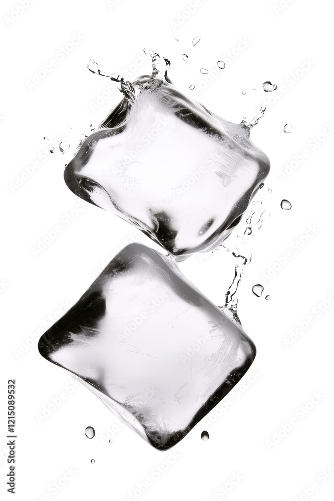 Poster two ice cubes with water splashing on them creating a refreshing beverage scene isolated on transpar