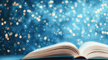 Imagination and wonder an enchanting open book with magical bokeh background