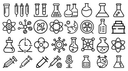 Set of science related line icons. Chemistry, molecule, biology, dna, lab etc