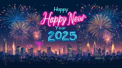 Happy New Year 2025 Cityscape Fireworks Celebration