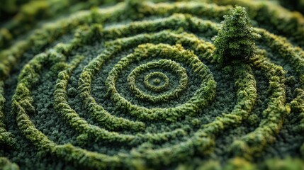 Aerial view of a lush green hedge maze featuring intricate,