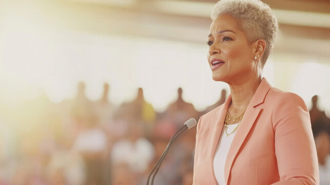 Black mature woman speaking at public event with audience in background