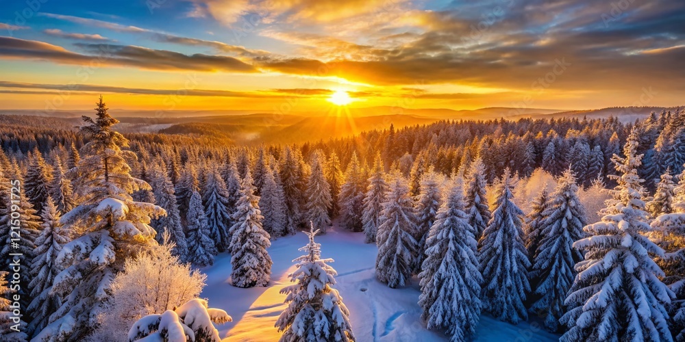 Wall mural Magical Winter Sunset: Serene Snowy Forest at Dusk - Stock Photo