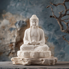 Fototapeta premium serene white Buddha statue on wooden base