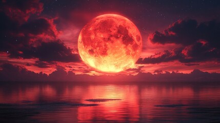 Blood Moon Rising Over Calm Ocean at Night