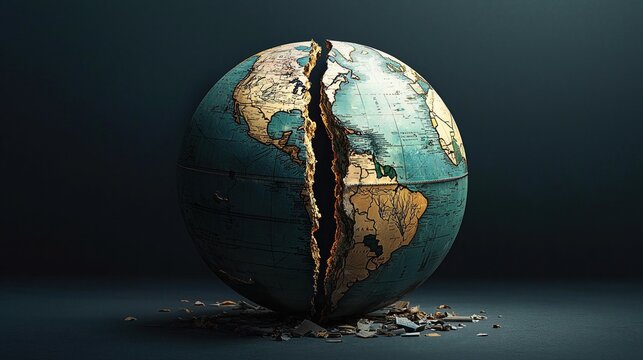 Globe divided in two represents conflict and division due to tariffs and sanctions impacting global unity