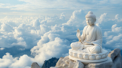 Fototapeta premium serene Buddha statue sits atop mountain, surrounded by clouds