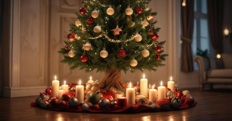 Christmas tree decorated with candles and ornaments, christmas tree, lights