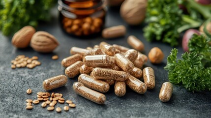Clean composition vibrant multivitamins with proteinrich nuts, leafy greens, and whole grains on a neutral surface