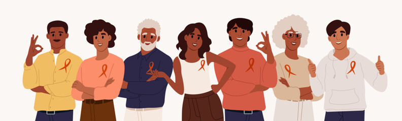 National Black HIV AIDS Awareness Day. Group portrait of men and women with red awareness ribbons. Vector illustration in flat style