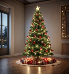 Christmas tree decorated with ornaments and lights, festive decor, evergreen tree