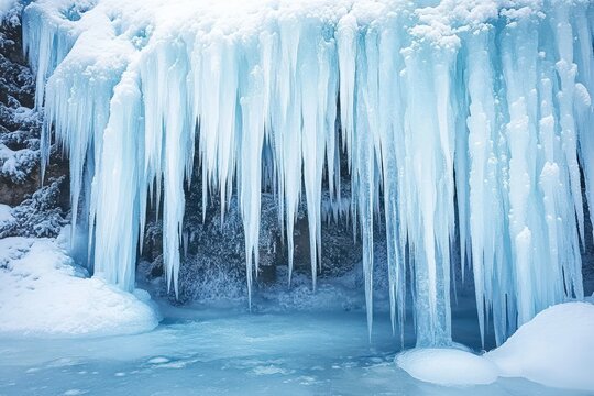 A frozen waterfall in a winter wonderland, with icicles hanging and snow blanketing the surroundings, creating a serene, icy spectacle.