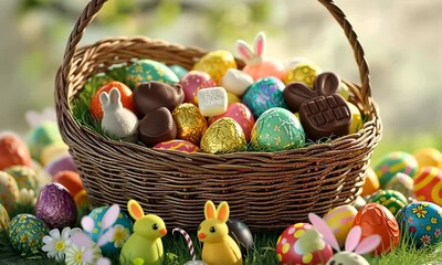 Festive Easter basket overflowing with chocolate bunnies, marshmallow chicks, and colorful foil-wrapped eggs, set on a cheerful tablecloth