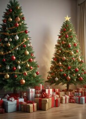 Christmas tree with ornaments and boxes of gifts, tree topper, branches, wrapped gifts