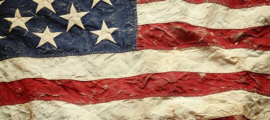 Close-up of Worn American Flag Displaying Stars and Stripes Textures and Colors