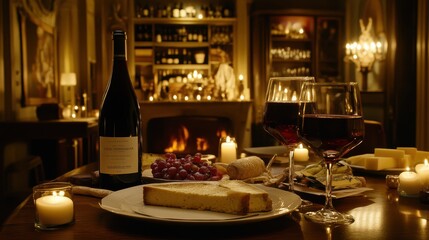 Fototapeta premium Cozy Dinner Table with Wine and Delicious Food