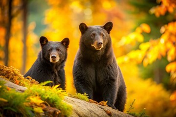 Majestic Black Bears in Golden Autumn Forest - Wildlife Stock Photo