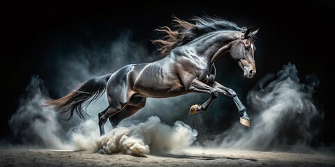 Obraz premium Majestic Black Stallion Leaping: Dramatic Aerial Horse Photography