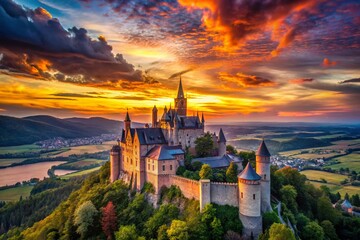 Fototapeta premium Majestic Castle at Sunset: Long Exposure Historical Architecture Photography
