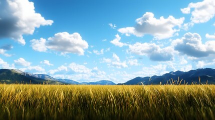 Fototapeta premium Serene Landscape with Golden Grass and Majestic Mountain View