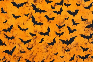 Spooky Halloween Bat Pattern Over Orange Background Perfect for Festive Decor, Invitations, or Seasonal Crafts Featuring Dark Flying Bats and Whimsical Clouds