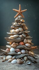Fototapeta premium Starfish christmas tree topper on driftwood tree with seashells
