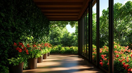 Obraz premium Lush Green Garden View from Modern Indoor Space with Flower Pots