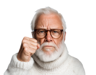 Older man with a serious expression wearing glasses and a white turtleneck sweater against a transparent background