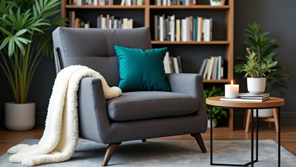 Cozy armchair with a teal pillow and soft blanket in a modern living room. A lit candle adds to the relaxing atmosphere.