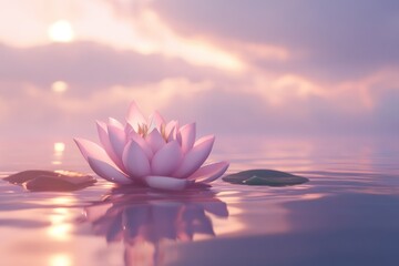 Serene Pink Lotus Flower Blossom Floating on Calm Water Reflections Under Soft Light with Gentle Clouds in a Peaceful Sunset Background