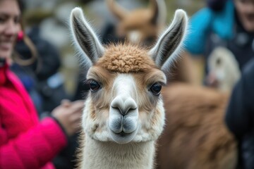 Obraz premium Close-Up of a Curious Llama with Fluffy Fur and Big Eyes in a Natural Setting Surrounded by People Engaging with Animals in a Captivating Scene