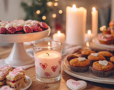 Cozy Candlelit Treats: A romantic and inviting table setting with a heart-shaped candle and delectable treats.  The warm glow of the candle illuminates the scene, creating an intimate atmosphere. 