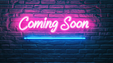 Coming Soon Neon Sign on Brick Wall   Pink   Blue Announcement