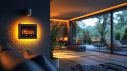 Smart home system, with the implementation of a modern energy saving solution.  Electronic touch screen light and temperature control panel wall mounted in a modern apartment room.